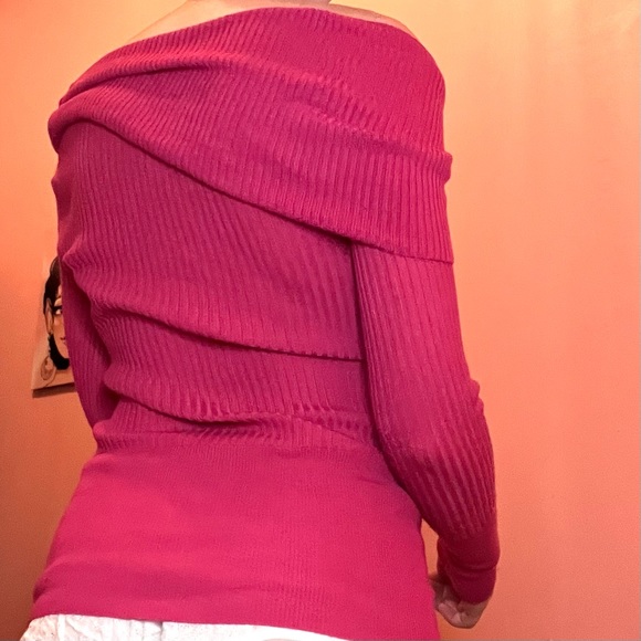 Hot Pink Fitted Off the Shoulder Turtleneck It’s Our Time Brand Sweater - Picture 2 of 6